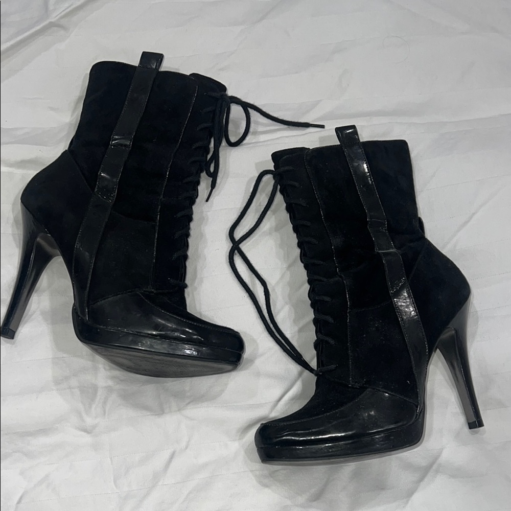 Jessica Simpson Black Heeled Boots with Lace-Up Design